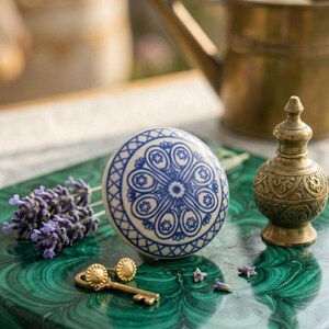 Op de afbeelding: Een decoratieve keramische kastknop met een blauw en wit bloemmotief. Een kleine messing sleutel en oorbellen liggen naast lavendel op een groen oppervlak. Een kleine messing parfumfles en een gieter staan op de achtergrond.