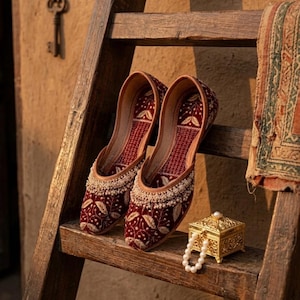 May include: A pair of red velvet slip-on shoes with intricate gold embroidery and a beaded trim, resting on a wooden ladder. A small gold box and a pearl necklace are also on the ladder, with a patterned textile draped nearby.