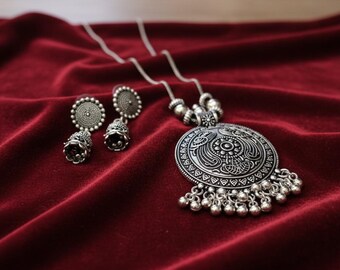 Ethnic Round Women Oxidized Chick Pendent Detailed Boho Mandala Design Hippie Silver Jhumka Set