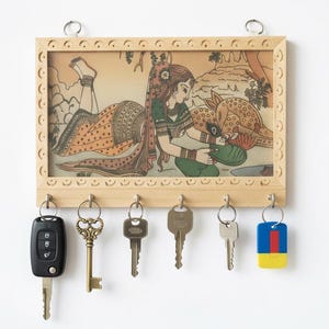 Indian Art Key Hanger, Bohemian Wooden Wall Decor with Hooks