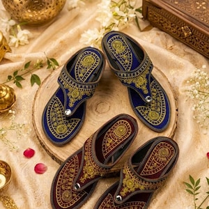 Zardosi Embroidered Ethnic Flats | Handcrafted Indian Mules, Velvet Bridal Sandals