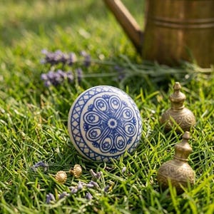 Op de afbeelding: Een witte en blauwe decoratieve keramische bol met een bloemmotief, gelegen in groen gras. Twee kleine goudkleurige decoratieve objecten en een messing gieter zijn ook zichtbaar. Lavendel takjes zijn verspreid rond de bol.