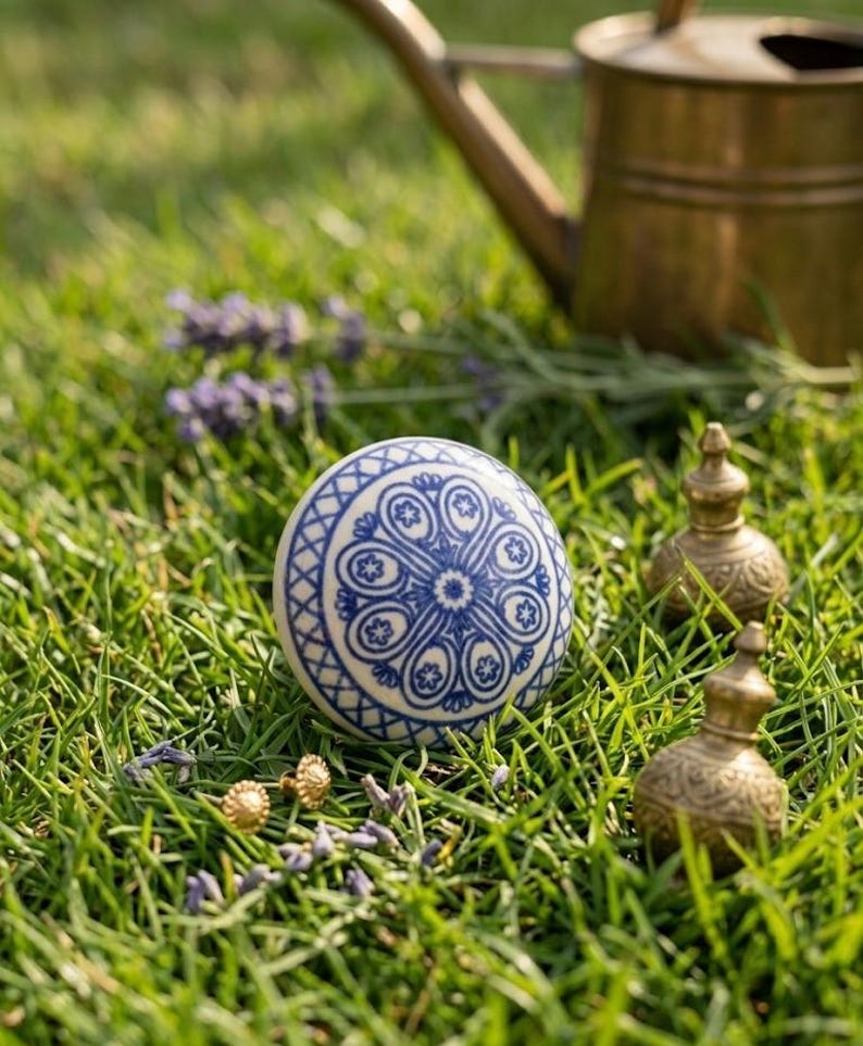 Op de afbeelding: Een witte en blauwe decoratieve keramische bol met een bloemmotief, gelegen in groen gras. Twee kleine goudkleurige decoratieve objecten en een messing gieter zijn ook zichtbaar. Lavendel takjes zijn verspreid rond de bol.
