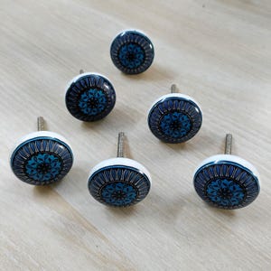 May include: Six decorative cabinet knobs with a white base and a blue floral design. The knobs have a silver screw for mounting. The floral design features shades of blue and black, creating a striking contrast.