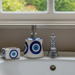 Blue Eye Ceramic Bathroom Set | Modern Soap Dispenser & Candle Holder