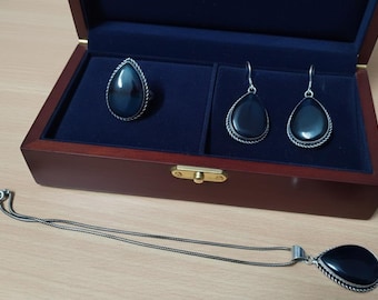 Necklace and Earrings Set ,Blue Gemstone Set ,Handmade Navy Blue Teardrop Jewelry Set