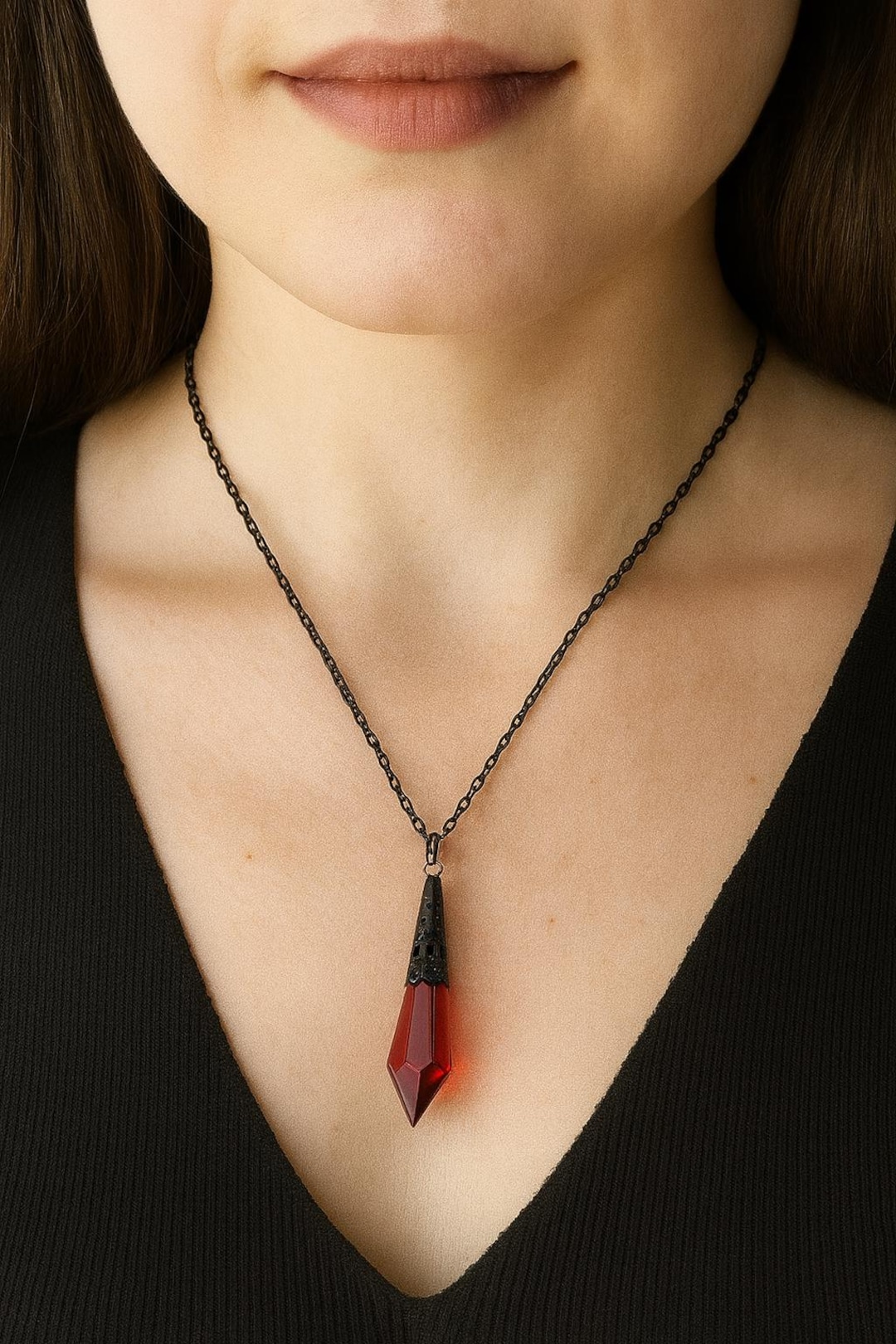 Gothic Blood Red Crystal Pendant Necklace, Black Chain, Vampire Jewelry ...