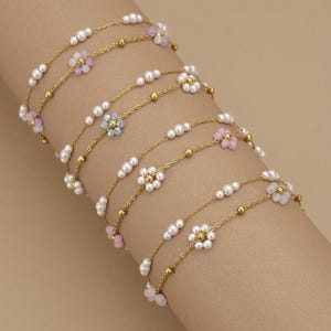 Beaded Floral & Faux Pearl Anklet Bracelet: Stainless Steel Daisy Chain