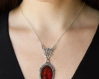 Gothic Red Quartz Crystal Necklace: Vintage Butterfly Pendant