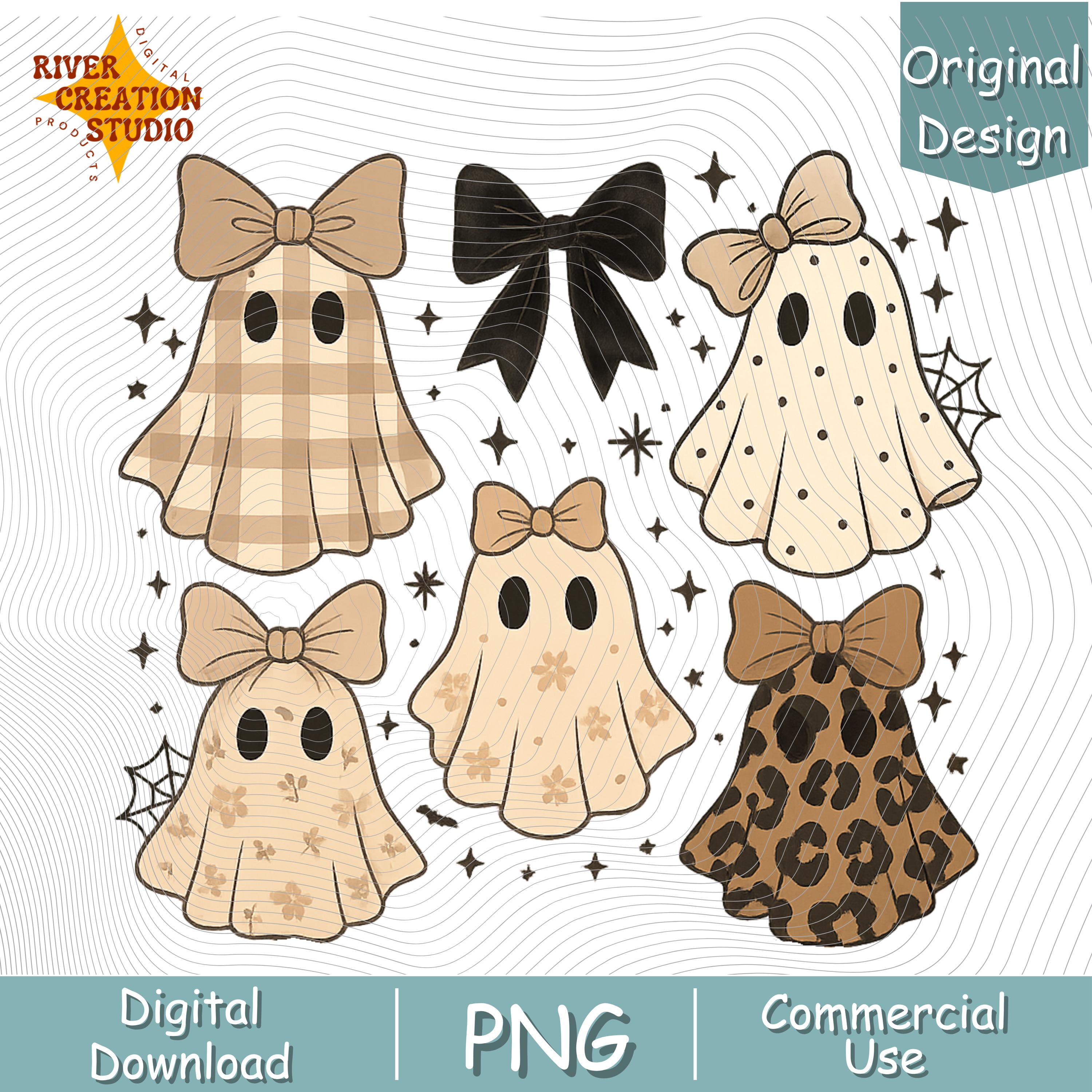 Cute Ghosts PNG, Retro Halloween Ghosts With Bows Graphic, Neutral Fall ...