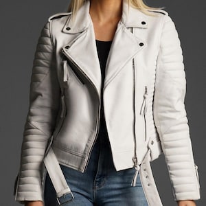 White Faux Leather Moto Jacket: Quilted Biker Style with Belt