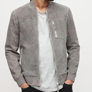 Handmade New Men&#39;s Grey Suede Bomber Jacket Leather Jacket with Zipper Style| Premium Soft Leather | Stylish Casual Outerwear* Gift For Men