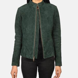 Women’s Green Suede Leather Jacket – Handmade Slim Fit Zip-Up Coat | Minimalist Casual Outerwear”
