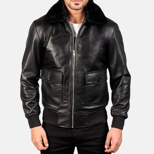 Handmade &#39;&#39;Men’s Black Leather Bomber Jacket with Faux Fur Collar | Vintage Aviator Flight Jacket | Winter Biker Jacket&#39;&#39; Gift for Men&#39;s