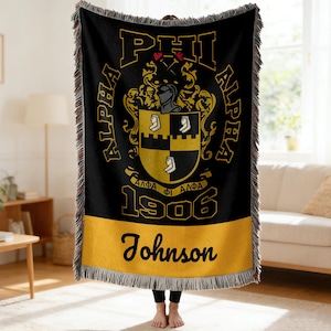 Spersonalizowany tkany koc Alpha Phi Alpha, koce z herbem w kolorze czarno-złotym, prezent dla bractwa