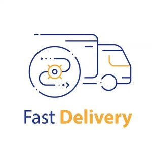 Op de afbeelding: Blauwe en gele lijntekening van een bezorgwagen met een cirkelvormige afbeelding en de woorden "Fast Delivery" in geel en blauw. De afbeelding suggereert snelheid en efficiëntie in het bezorgproces.
