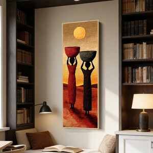 夕日の中のアフリカ女性の油絵：質感のある抽象的な人物画、細長いオリジナルアートワーク、西洋の垂直壁画