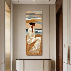 Abstract women on the beach portrait oil painting, neutral tone canvas art, narrow vertical living room wall decoration