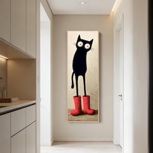 赤い長靴を履いた黒猫の油絵：侘び寂びスタイル、オリジナルの抽象的なペットアート、細長いキャンバスアート、額入りの縦型壁アート