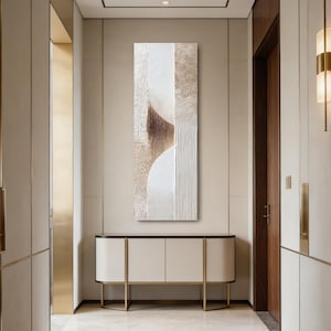 Dipinto ad olio con texture beige lunga e stretta: arte geometrica minimalista, opera d'arte originale fatta a mano, decorazione da parete per la casa moderna e di lusso