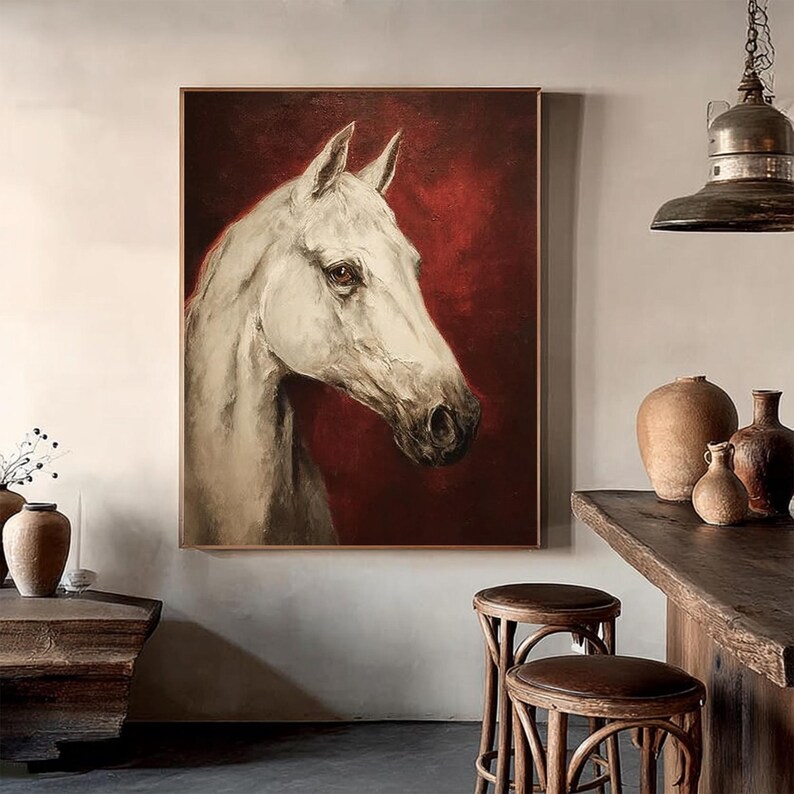 Pu&ograve; includere: Dipinto incorniciato della testa e del collo di un cavallo bianco su sfondo rosso intenso. I lineamenti del cavallo sono dettagliati, con particolare attenzione all'occhio e al muso. L'opera d'arte &egrave; esposta in una stanza con arredi rustici.