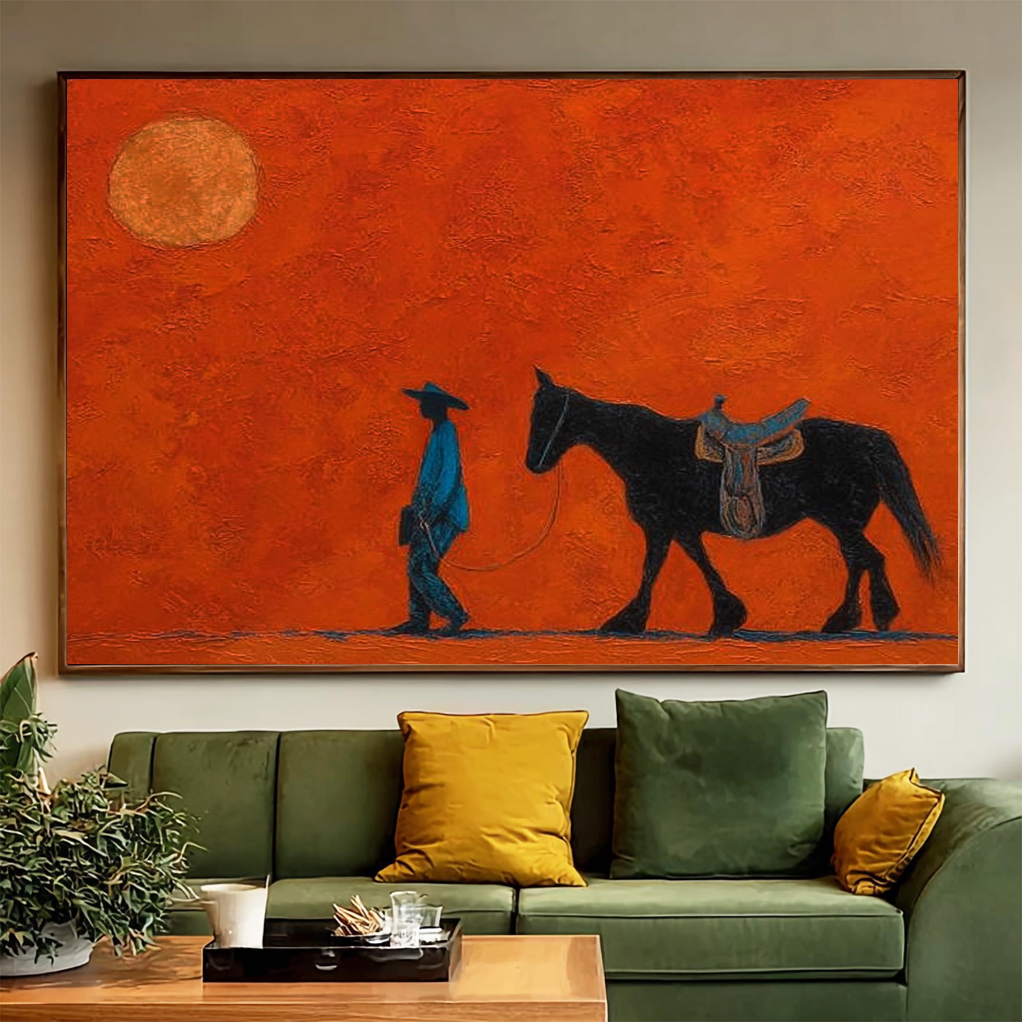 Cowboy and Horse Oil Painting: Orange Art on Canvas, Modern Western ...