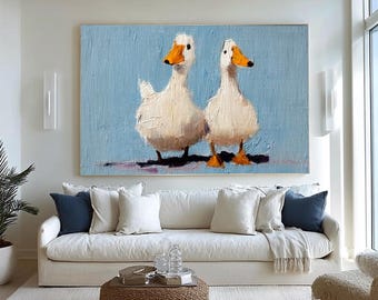 Due anatre bianche, dipinto a olio: tela blu, ritratti di animali domestici strutturati, grande dipinto originale di animali dipinto a mano