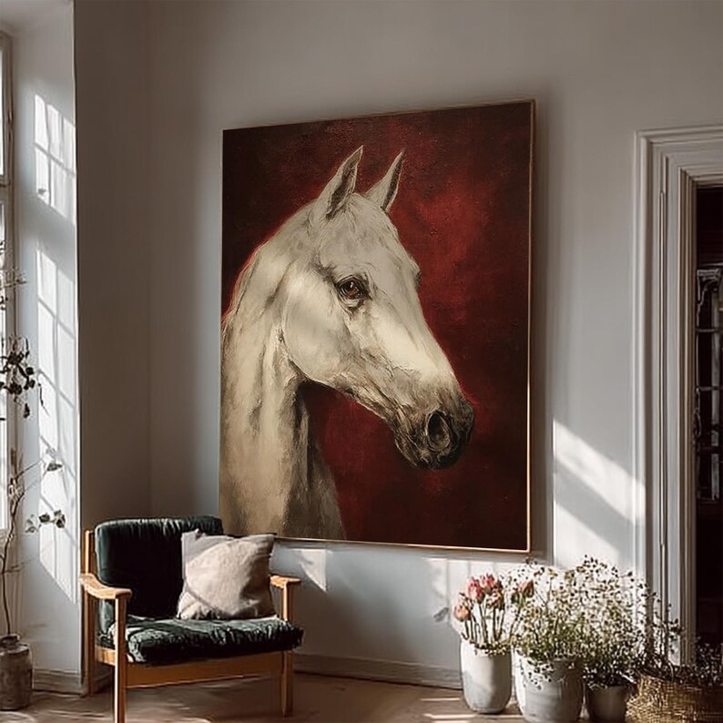 Pu&ograve; includere: Grande tela incorniciata raffigurante la testa di un cavallo bianco su uno sfondo rosso intenso. Il cavallo &egrave; dipinto in stile realistico, con ombreggiature e luci dettagliate. L'opera d'arte &egrave; esposta in una stanza ben illuminata, con una sedia verde e piante.