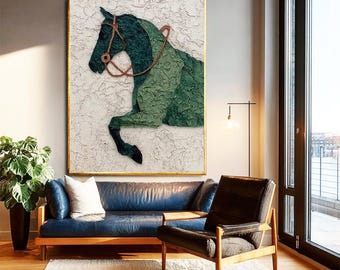 Dipinto a olio di cavallo verde: arte con texture impasto, ritratti di animali con effetti visivi 3D, decorazione murale su tela
