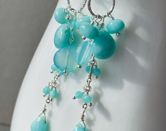 Amazonite Sterling Silver Earrings: Bohemian Gold Filled Gemstone Dangles. Blue Cluster Earrings
