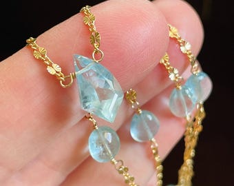 Fine Aquamarine Gold Filled Choker- Floating Blue Oval Gemstone Station Necklace- Free Form Aquamarine Focal