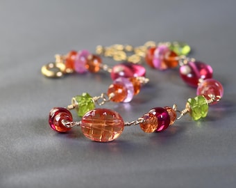 Sapphire, Ruby and Peridot Bracelet, Wire Wrapped with Colorful Gemstones