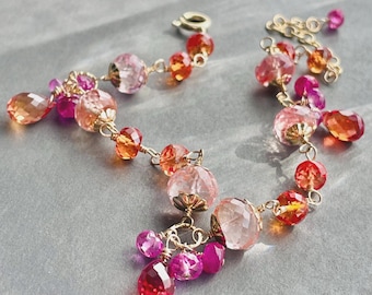 Pink, Orange, Red Sapphire Statement Bracelet. Padparadscha Sapphire Gold Filled Jewelry