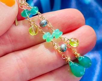 Chrysoprase, Peridot, Green Onyx Gold Filled Dangle. Emerald Green Gem Earrings. Dainty Gemstone Gift Earrings. E283/24