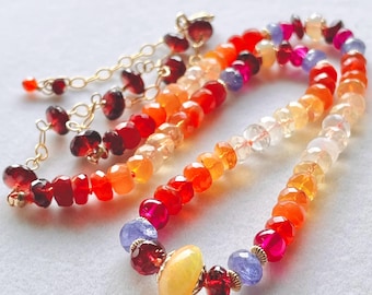 Mexican Fire Opal and Colorful Gemstone Choker. Gold Filled Hand Tied Ombre Necklace