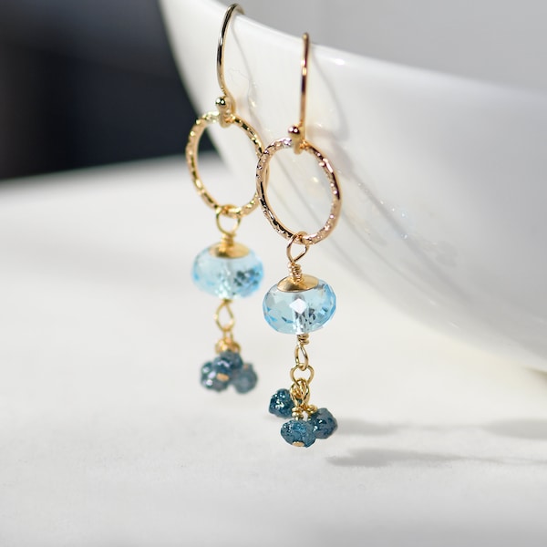 Topaz and Blue Diamond Drop Earrings. Gold Filled Blue Diamond and Topaz Dangle. Diamond Jewelry. Short Earrings. E82/22
