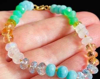 Ombre Blue Green Gemstone Bracelet- Blue Topaz, Amazonite, Moonstone, Citrine Chrysoprase Hand Tied. Gift Jewelry