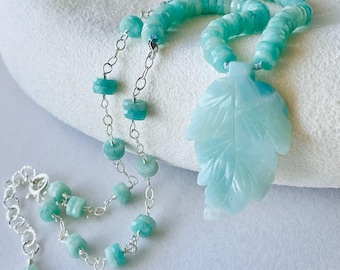 Amazonite Statement Necklace with Leaf Pendant.