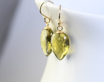 Olive Quartz Drop Earrings. Green Gemstone Gold Filled Dangles. Short Earrings. Gift Jewelry For Woman, Anniversary, Birthday, Graduation