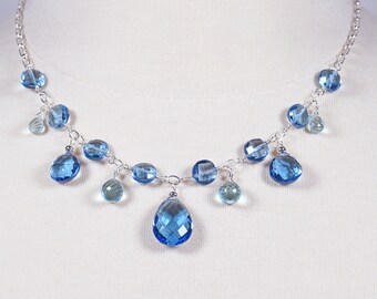 Blue Quartz Sterling Silver Choker. Silver Necklace with Blue Gem Dangles . Denim Blue Necklace. N123/24