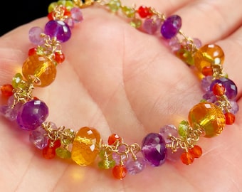 Amethyst, Citrine,  Peridot Statement Bracelet. Colorful Gemstone Cluster Jewelry