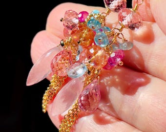 Gold Filled Padparadscha Sapphire, Rose Quartz and Topaz Cluster Earrings. Pastel Gemstone Tassel Earrings