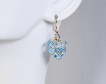 Blue Topaz Cluster Earrings. Blue Gemstone Dangle. Short Gold Filled. Topaz Jewelry. Gift  for Wife, Birthday, Mother's Day