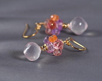Rose Quartz and Padparadscha  Sapphire Dangle Earring. Pink Gemstone Gold Filled Statement Earrings