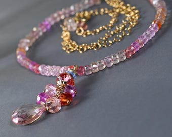 Pink Padparadscha Sapphire Choker Necklace, Hand-Knotted Silk, Gold Filled Jewelry