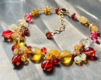 Ethiopian Opal Bracelet, Padparadscha Sapphire, Citrine Gold Filled Cluster Jewelry, Handcrafted Gemstone Statement Bracelet for Her