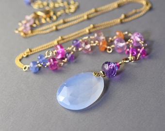 Blue Chalcedony Pendant Necklace. Dainty Pink Sapphire, Spinel & Tanzanite Gold Filled Choker