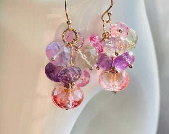 Colorful Amethyst, Pink Topaz and Sapphire Cluster Earrings. Pastel Gemstone Gold  Filled Dangles.  Colorful  Earrings. E290/24