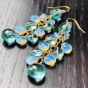Green Quartz, Opalite, Ethiopian White Opal Gold Filled Earrings. Boho Gemstone Cascade Dangle