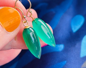 Emerald Green Onyx Gold Filled Drop Earrings. Short Gemstone Dangle